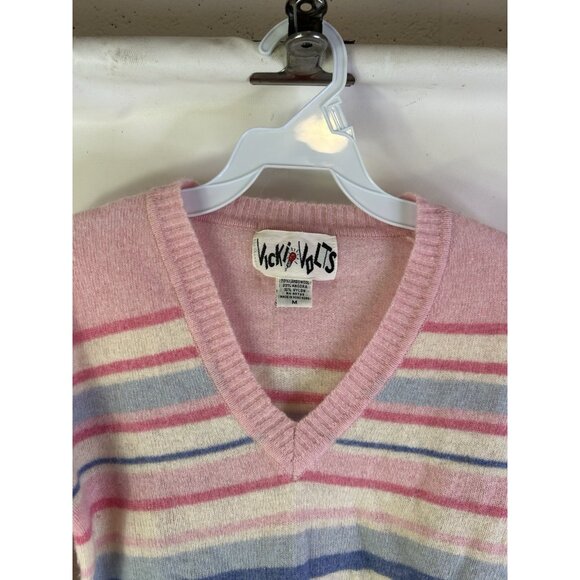 Vintage 80s Womens Medium Lambswool Striped Lightweight Sweater Fairy Keii Prep - Picture 4 of 7